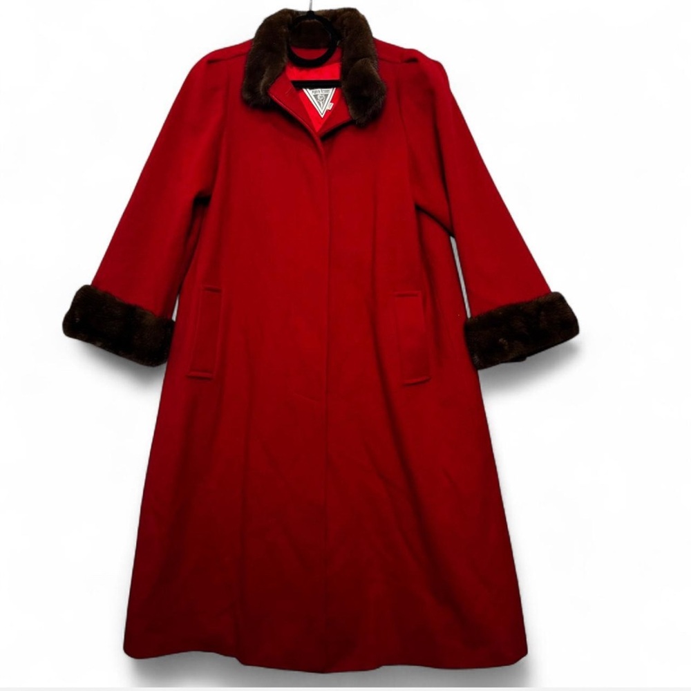Vintage J Percy MarvinRichards Red 100% Wool Fox Fur Trim Coat Sz 6 USA Mob Wife